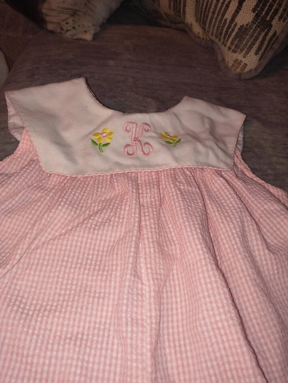 Vintage Girls Pink Embroidered Seersucker Romper